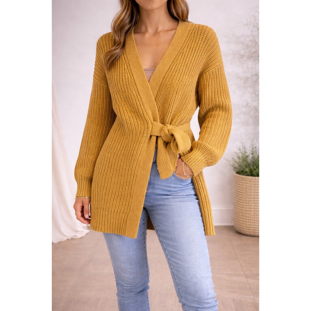 Zara Mustard Yellow Chunky Ribbed Knit Wrap Cardigan‎ Sweater Size L Tie Front